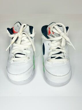 Jordan Retro Toddler White Sneakers with Neon Green Accents and Red Jumpman